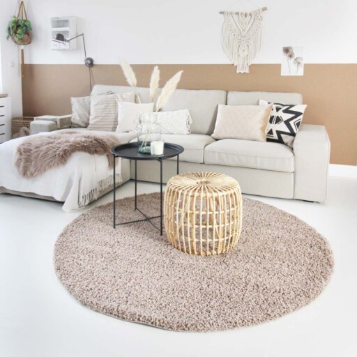 Hoogpolig vloerkleed Shaggy Trend effen rond - beige - sfeer, thumbnail