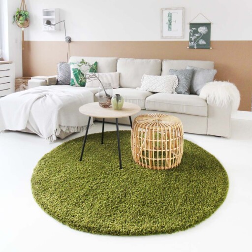 Hoogpolig vloerkleed shaggy Trend effen rond - groen - sfeer