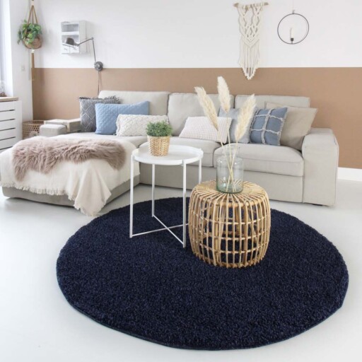 Hoogpolig vloerkleed shaggy Trend effen rond - marine blauw - sfeer, thumbnail