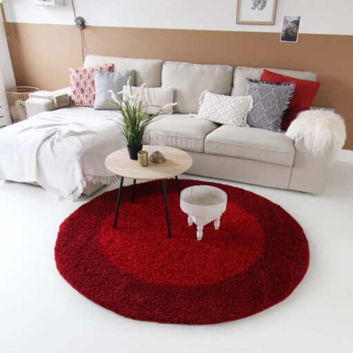 Hoogpolig vloerkleed shaggy Trend lijstmotief rond - rood - sfeer, thumbnail