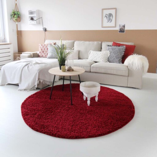 Hoogpolig vloerkleed shaggy Trend effen rond - rood - sfeer