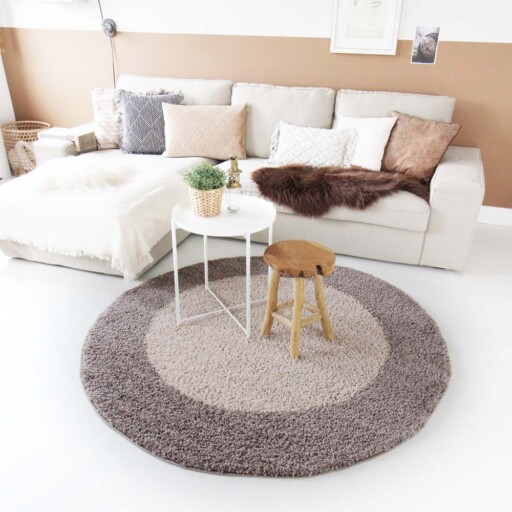 Hoogpolig vloerkleed shaggy Trend lijstmotief rond - taupe - sfeer