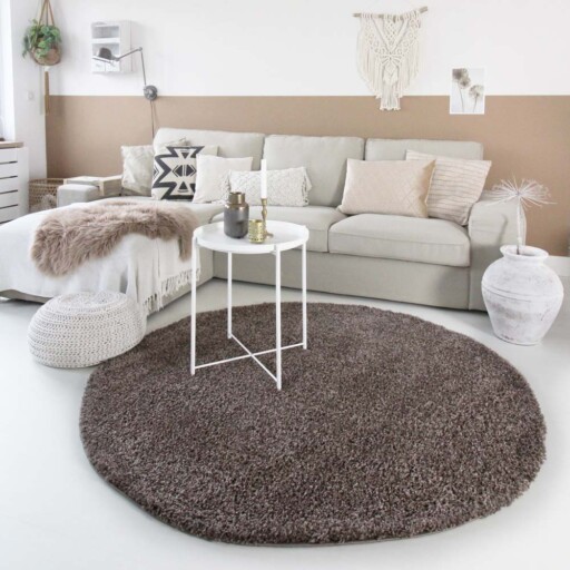 Hoogpolig vloerkleed shaggy Trend effen rond - taupe - sfeer, thumbnail