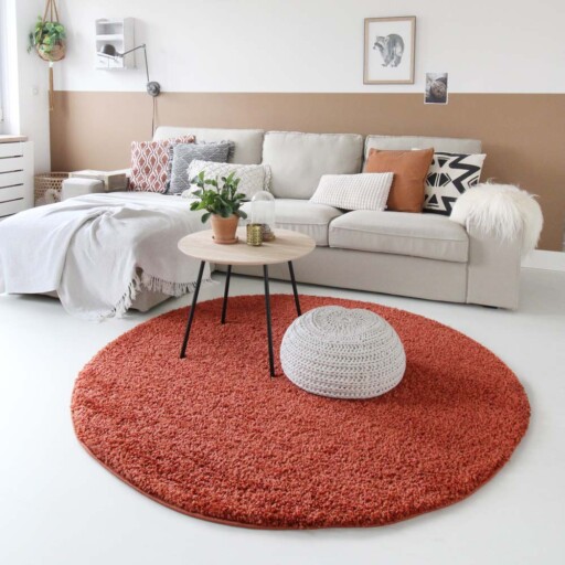 Hoogpolig vloerkleed shaggy Trend effen rond - terracotta - sfeer