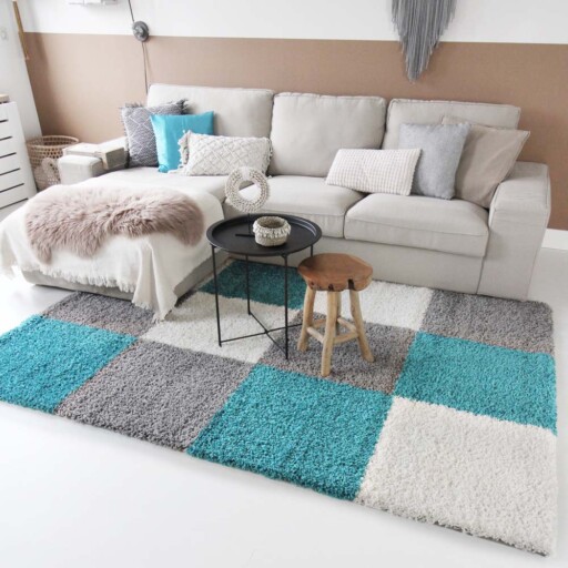 Hoogpolig vloerkleed shaggy Trend blokken - turquoise - sfeer