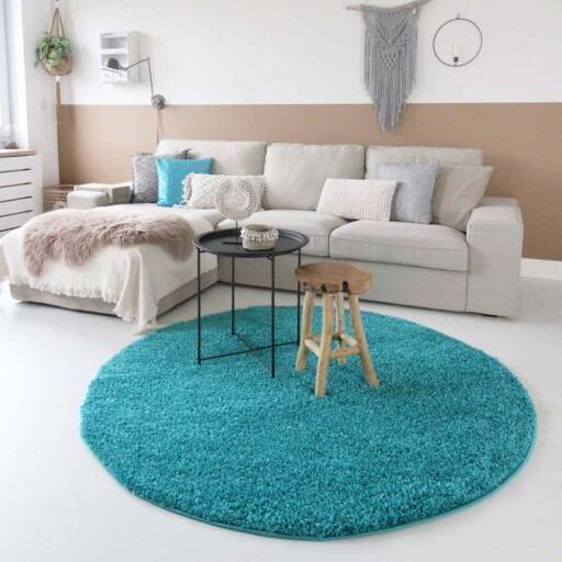 Hoogpolig vloerkleed shaggy Trend effen rond - turquoise - sfeer, thumbnail