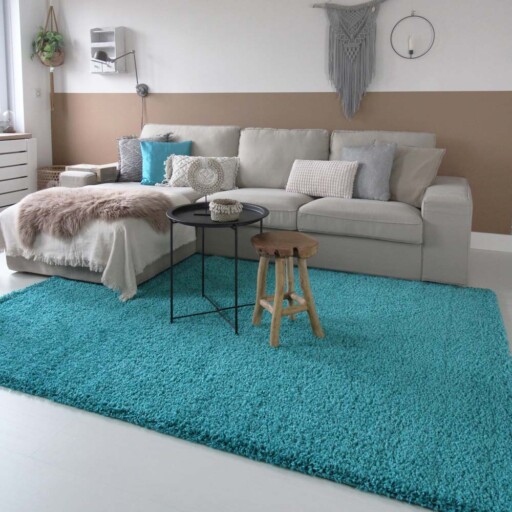 Hoogpolig vloerkleed shaggy Trend effen - turquoise - sfeer