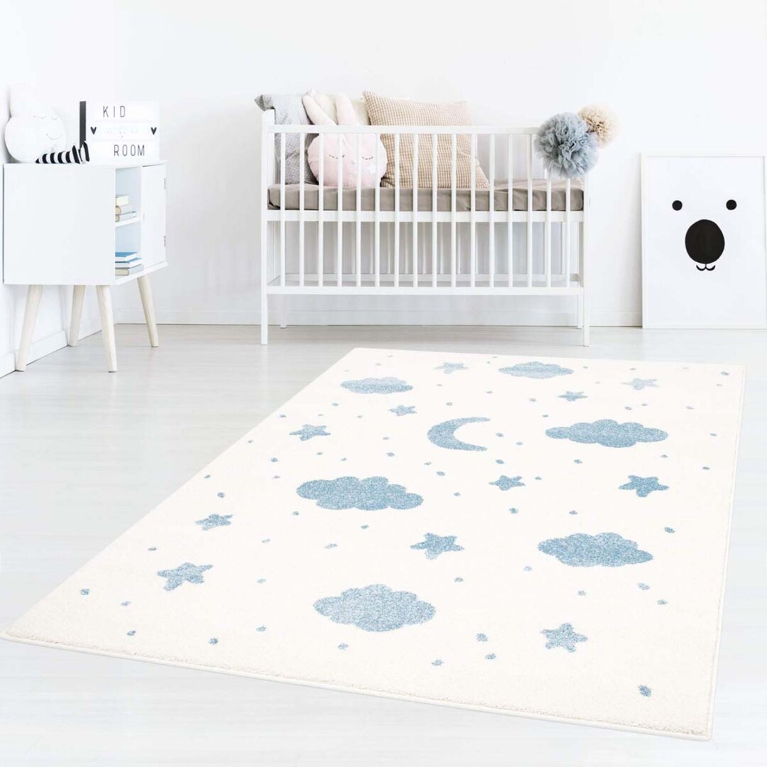 Vloerkleed kinderkamer Wolk & Ster 3D - crème/blauw - sfeer