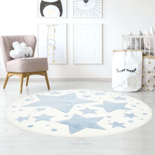 Rond vloerkleed kinderkamer Sterren 3D - crème/blauw - sfeer