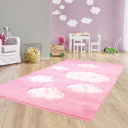 Vloerkleed kinderkamer Wolken 3D - roze - sfeer, thumbnail