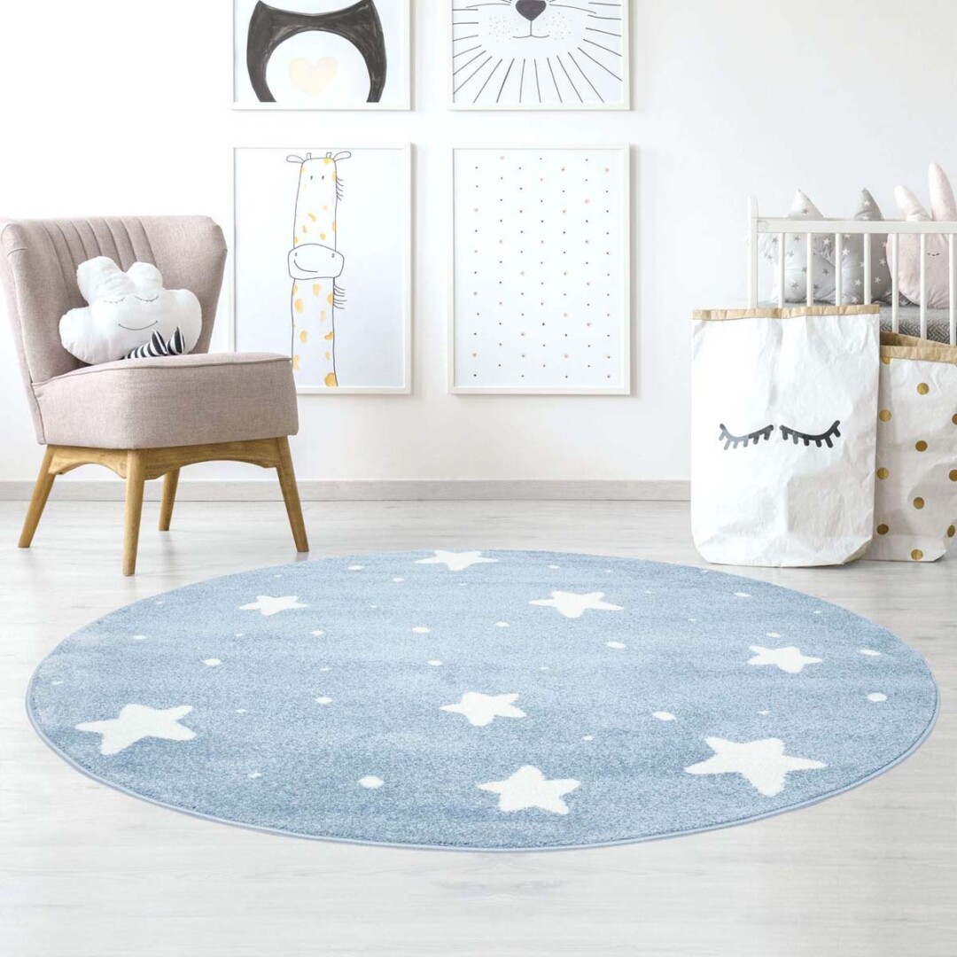 Rond vloerkleed kinderkamer Kleine Sterren 3D - blauw/crème - sfeer