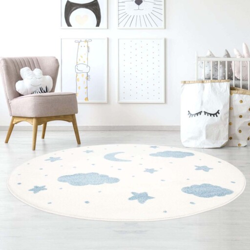 Rond vloerkleed kinderkamer Wolk & Ster 3D - crème/blauw - sfeer, thumbnail