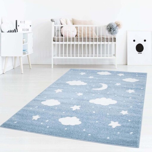 Vloerkleed kinderkamer Wolk & Ster 3D - blauw/crème - sfeer