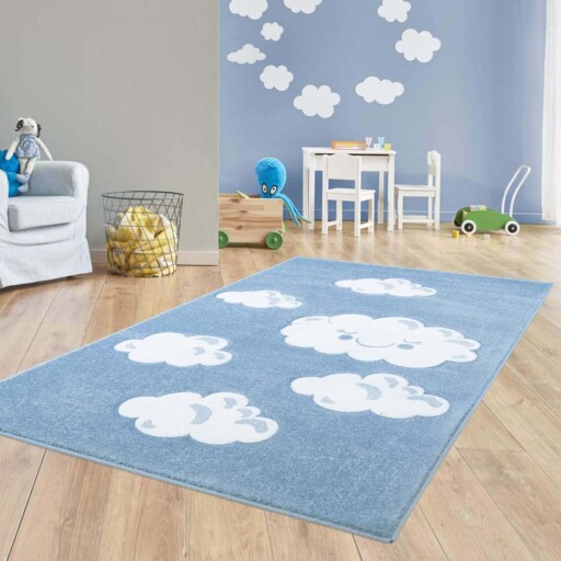 Vloerkleed kinderkamer Wolken 3D - blauw - sfeer, thumbnail