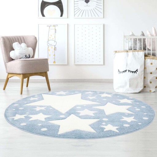 Rond vloerkleed kinderkamer Sterren 3D - blauw/crème - sfeer