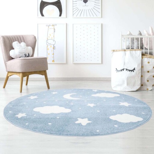 Rond vloerkleed kinderkamer Wolk & Ster 3D - blauw/crème - sfeer, thumbnail