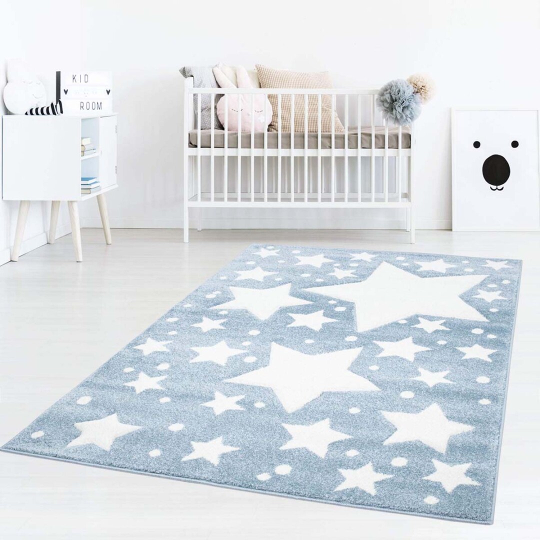 Vloerkleed kinderkamer Sterren 3D - blauw/crème - sfeer