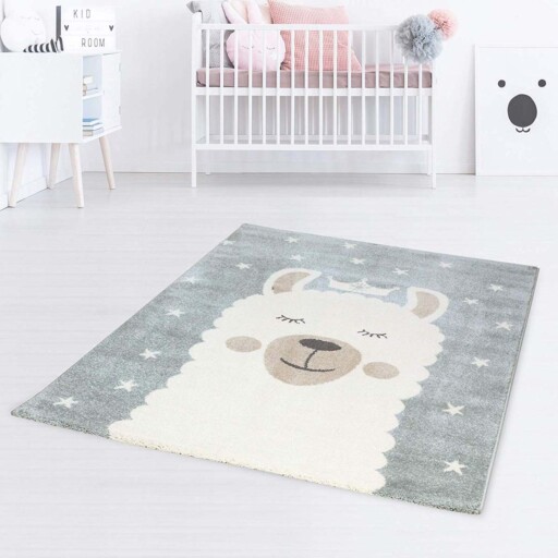 Vloerkleed kinderkamer Sleepy Lama - blauw/wit - sfeer, thumbnail