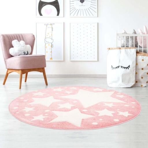 Rond vloerkleed kinderkamer Sterren 3D - roze/crème - sfeer, thumbnail