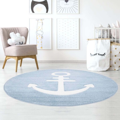 Rond vloerkleed kinderkamer Anker 3D - blauw - sfeer, thumbnail