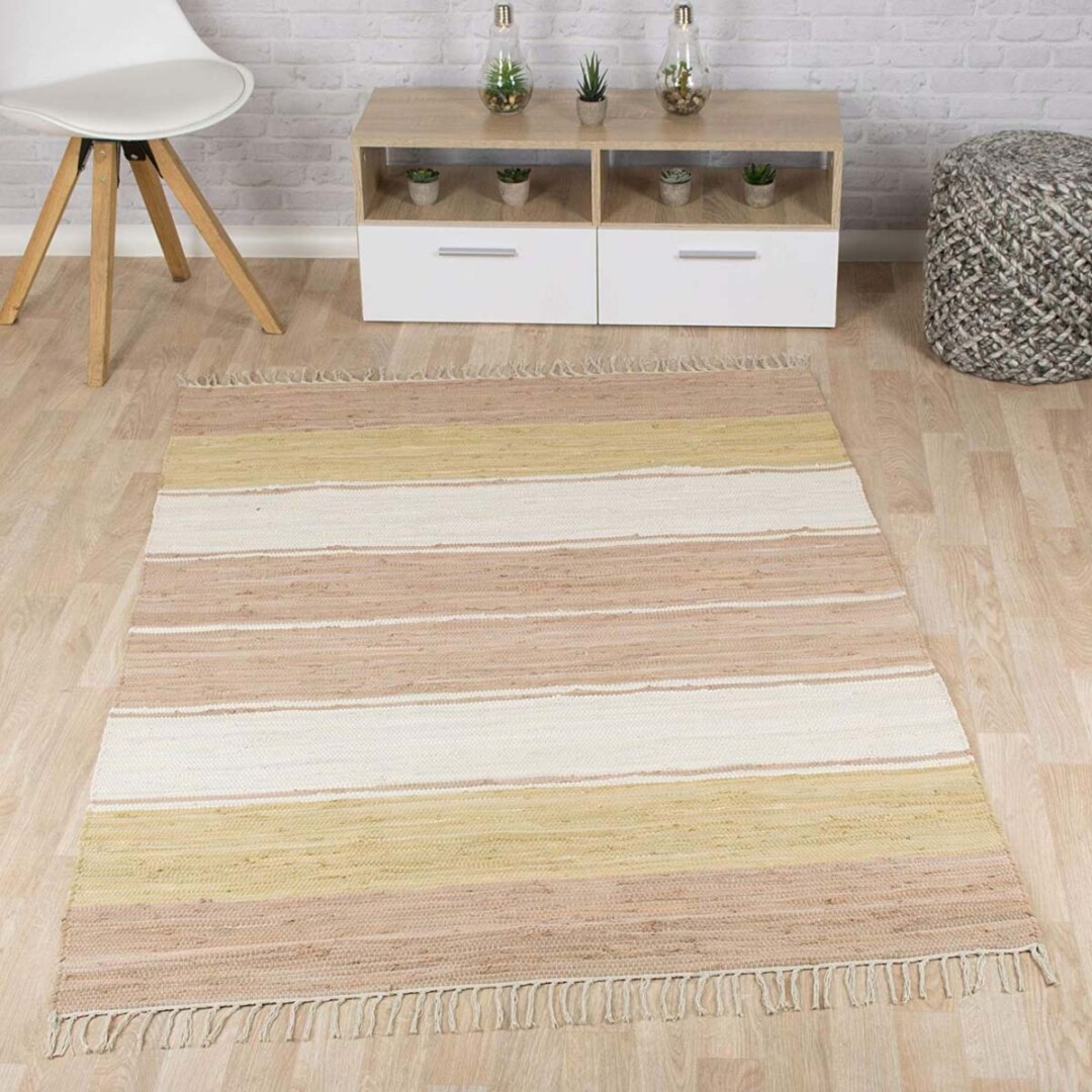 Kelim vloerkleed strepen handweef Bomull - beige/wit - sfeer