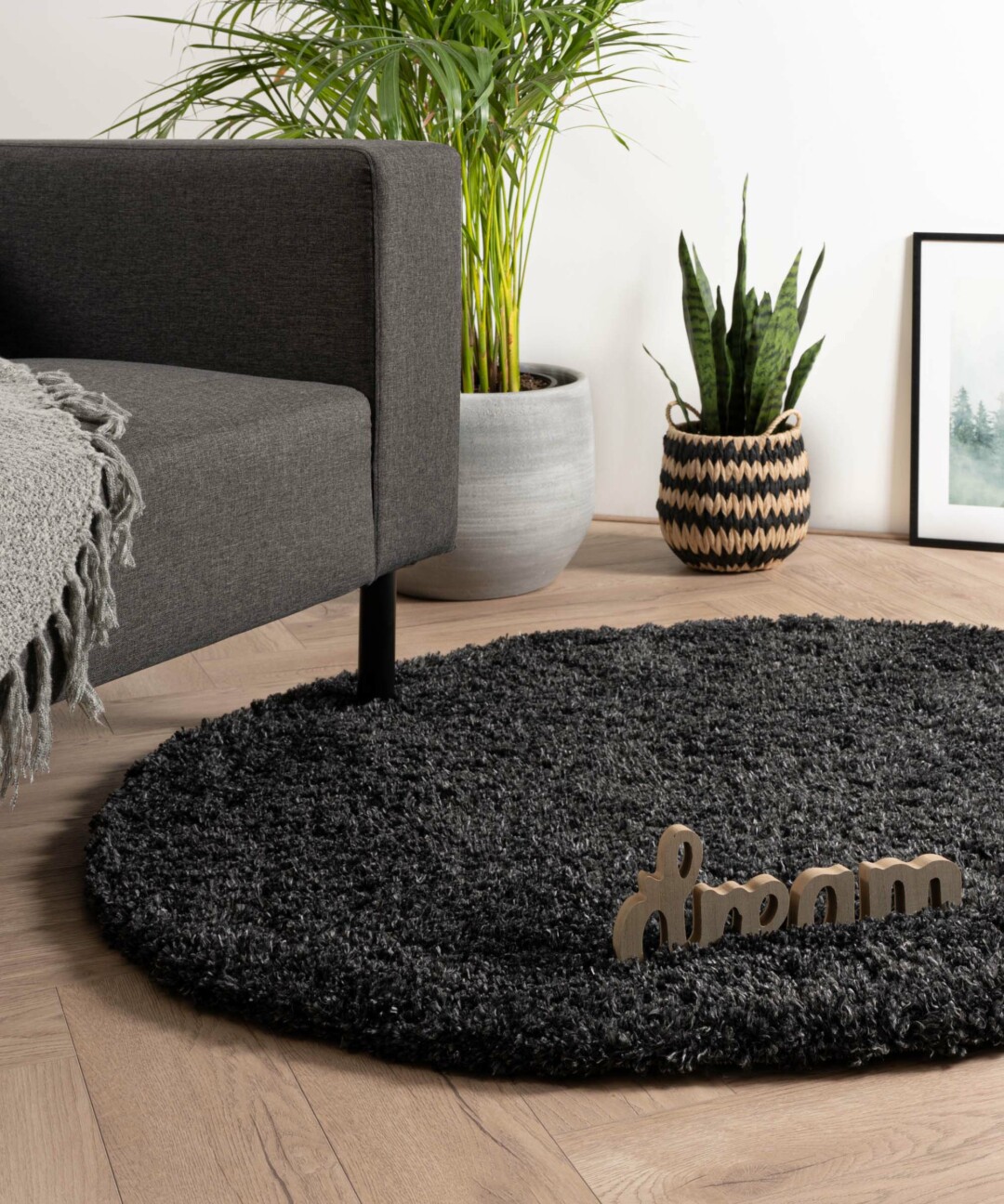 Rond hoogpolig vloerkleed - Cozy Shaggy - antraciet - sfeer