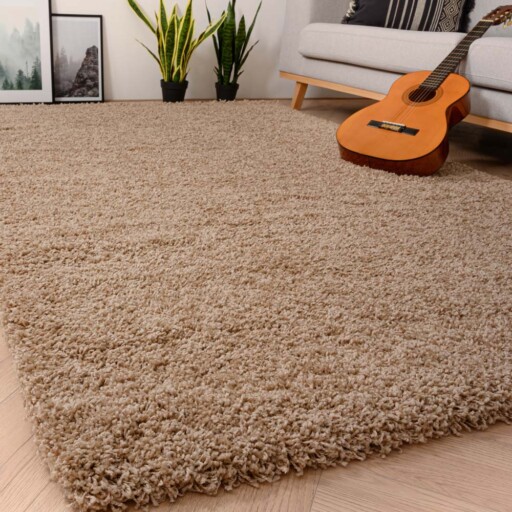 Hoogpolig vloerkleed shaggy Grand effen - beige - sfeer