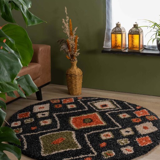 Rond hoogpolig vloerkleed bohemian Artisan - antraciet/multi - sfeer