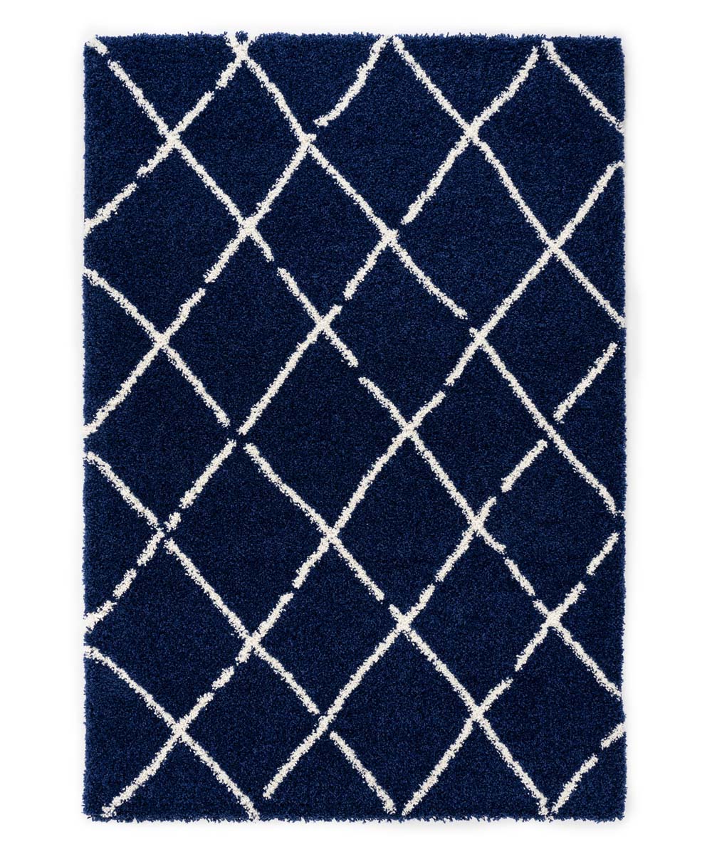 Hoogpolig vloerkleed ruiten Artisan – marineblauw-wit