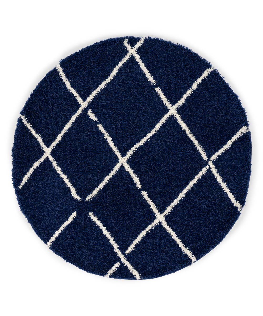 Rond hoogpolig vloerkleed ruiten Artisan – marineblauw-wit