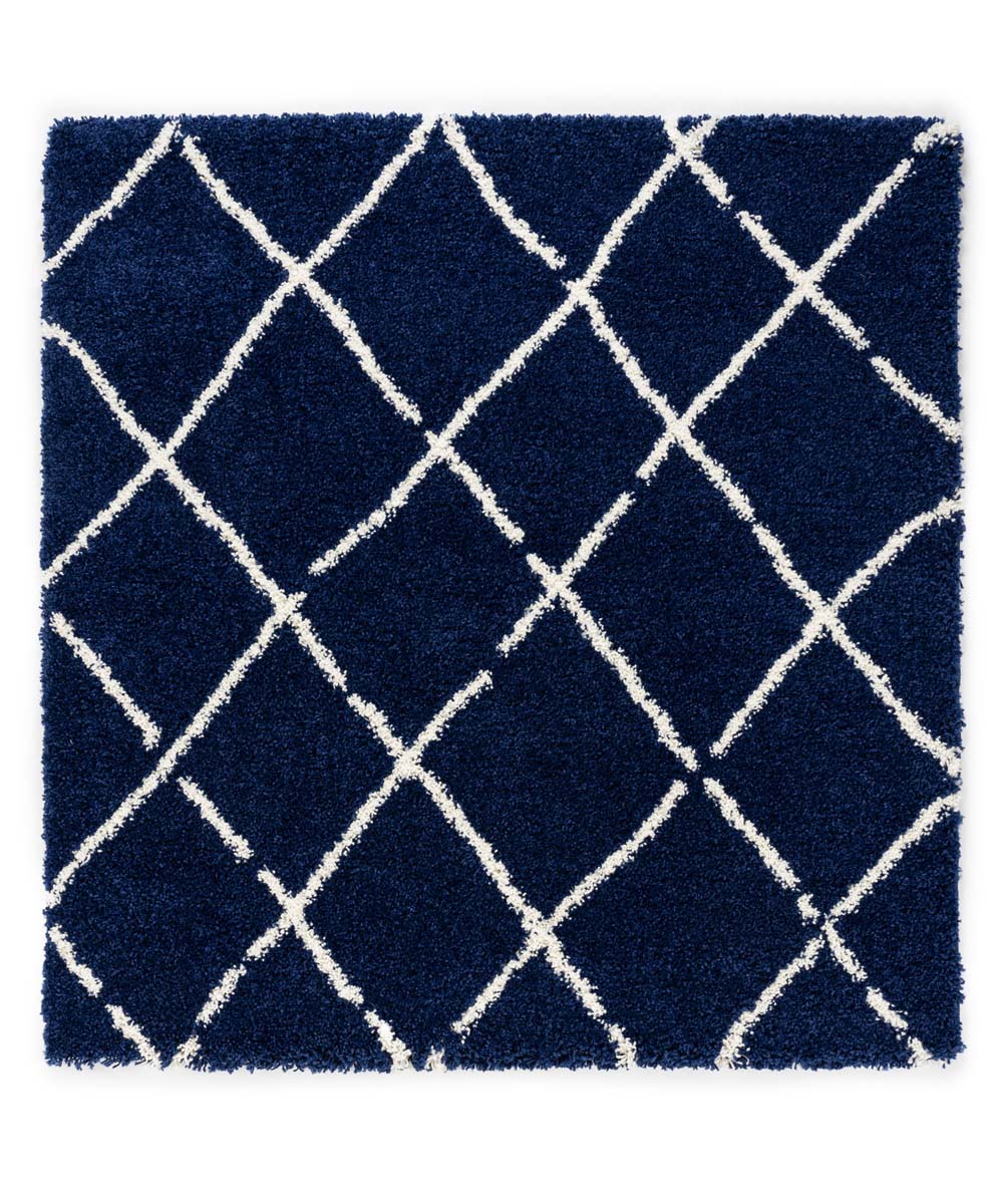 Vierkant hoogpolig vloerkleed ruiten Artisan – marineblauw-wit