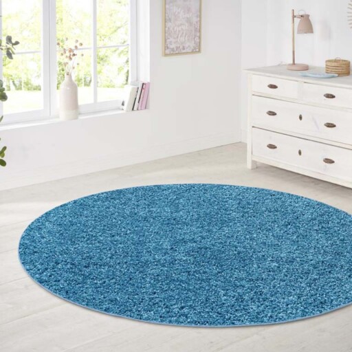 Rond hoogpolig vloerkleed Amelie - blauw - sfeer, thumbnail