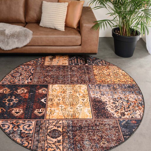 Rond patchwork vloerkleed - Fade No.1 goud/bruin - sfeer