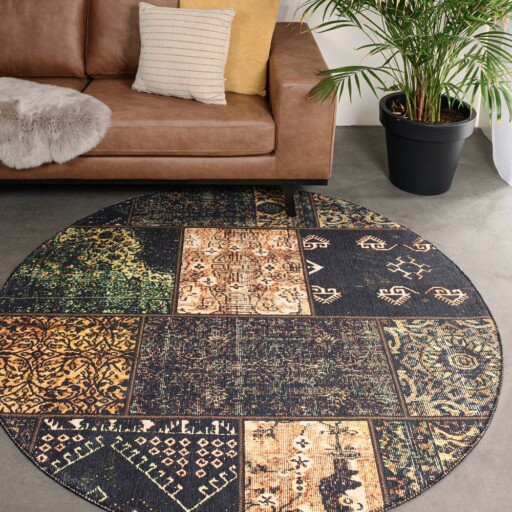 Rond patchwork vloerkleed - Fade No.1 olijfgroen - sfeer