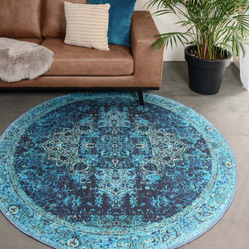 Rond vintage vloerkleed - Fade No.2 blauw - sfeer