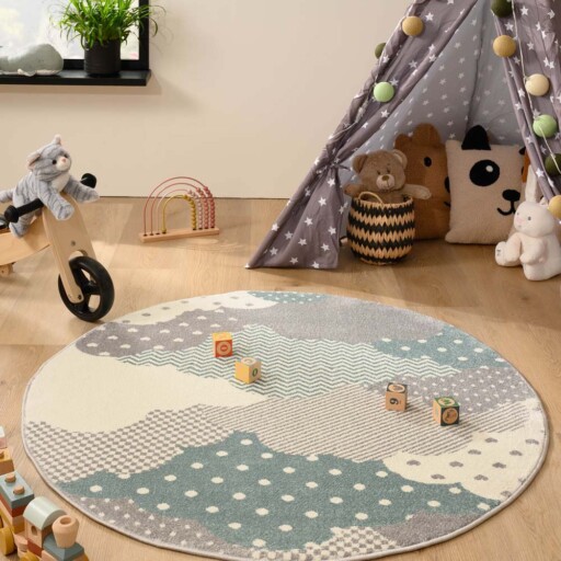 Rond vloerkleed kinderkamer wolk - Magic blauw/grijs