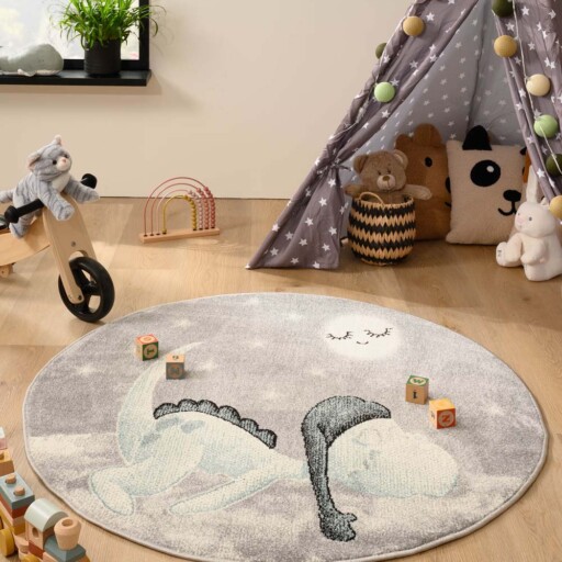 Rond vloerkleed kinderkamer dino - Magic lichtgrijs