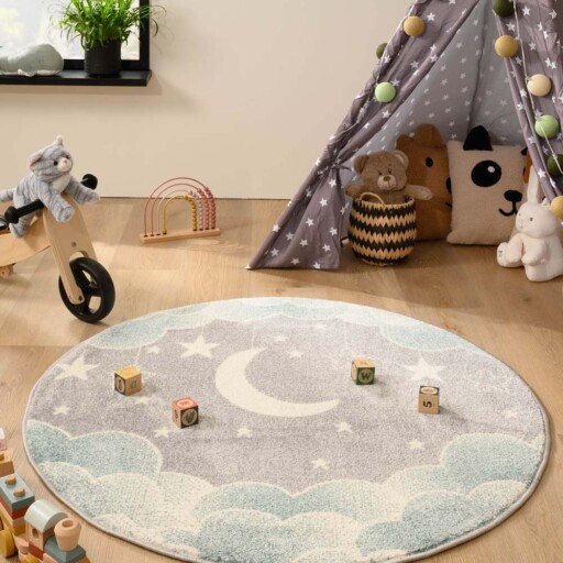 Rond vloerkleed kinderkamer wolk - Dreams lichtblauw/grijs