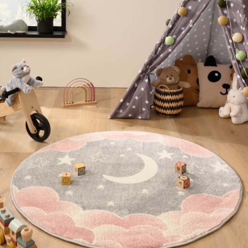 Rond vloerkleed kinderkamer wolk - Dreams roze/grijs