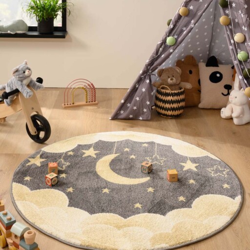 Rond vloerkleed kinderkamer wolk - Dreams geel/grijs