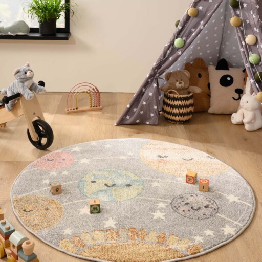 Rond vloerkleed kinderkamer planeten - Dreams lichtgrijs/multi