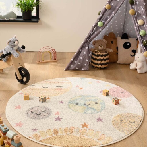 Rond vloerkleed kinderkamer planeten - Dreams wit/multi