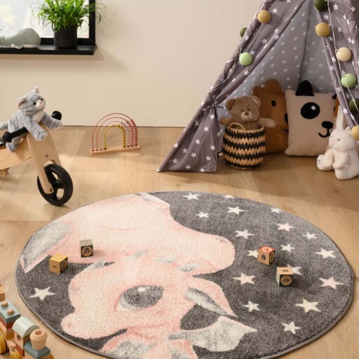 Rond vloerkleed kinderkamer draakje - Dreams donkergrijs/roze