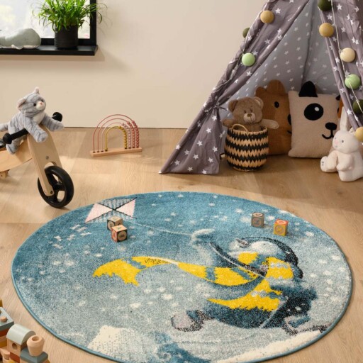 Rond Vloerkleed kinderkamer Pinguïn - Dreams blauw