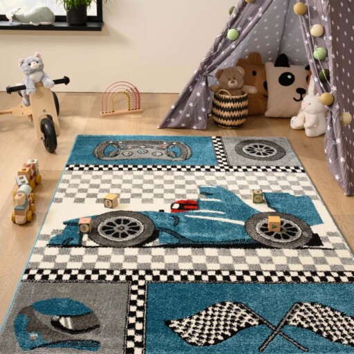 Vloerkleed kinderkamer racing - Adventures blauw