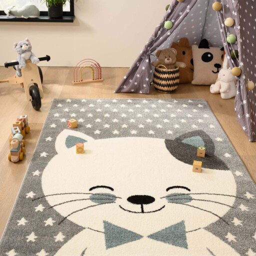 Vloerkleed kinderkamer kat - Adventures grijs/blauw