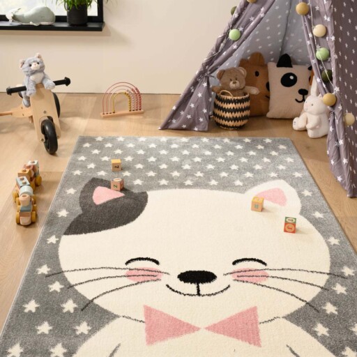 Vloerkleed kinderkamer kat - Adventures grijs/roze