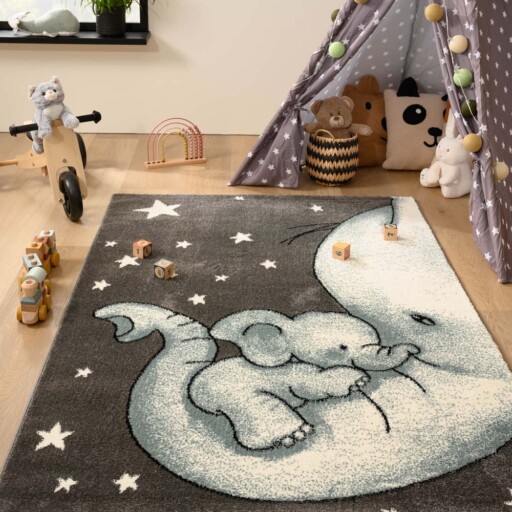 Vloerkleed kinderkamer olifant - Adventures grijs/blauw