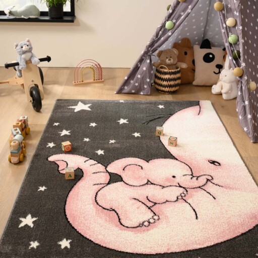 Vloerkleed kinderkamer olifant - Adventures grijs/roze