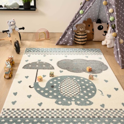 Vloerkleed kinderkamer olifant - Adventures crème/blauw